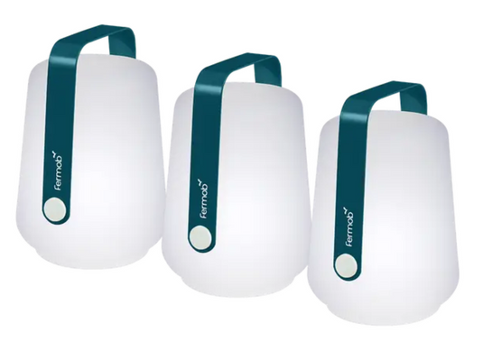 Set of 3 Fermob BALAD mini outdoor lamps in Acapulco Blue, small spherical design, outdoor lighting for gardens or patios.