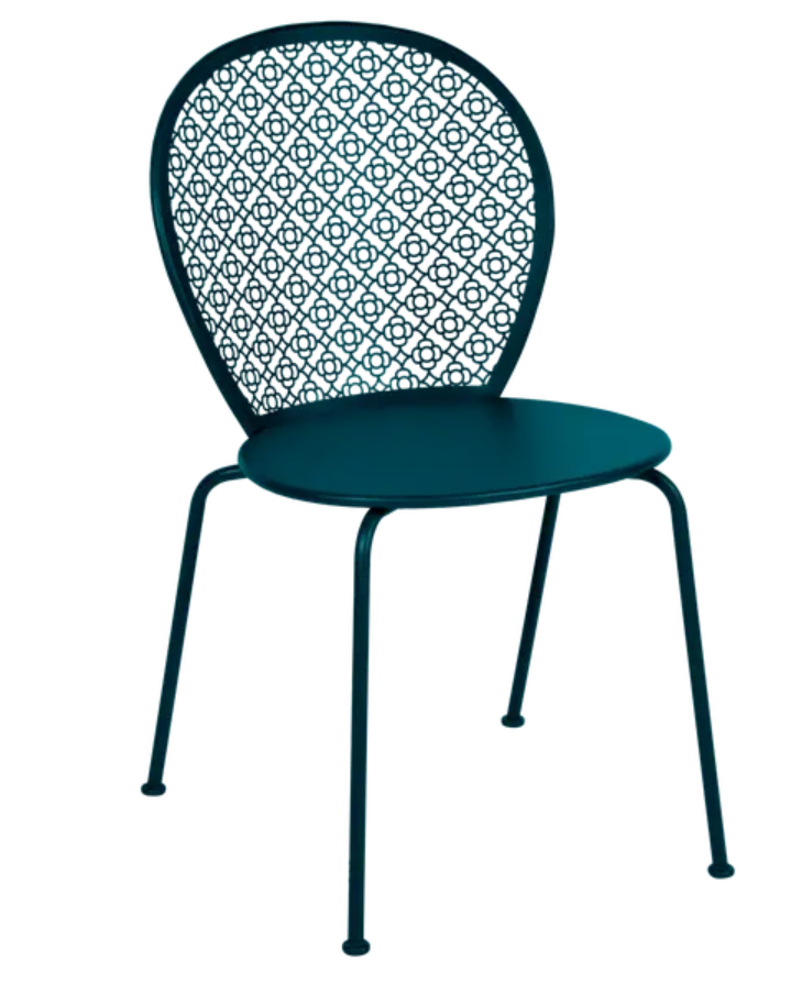 Load image into Gallery viewer, Fermob Lorette Chair in Acapulco Blue, outdoor metal chair with a colorful, modern design for patio or garden use.
