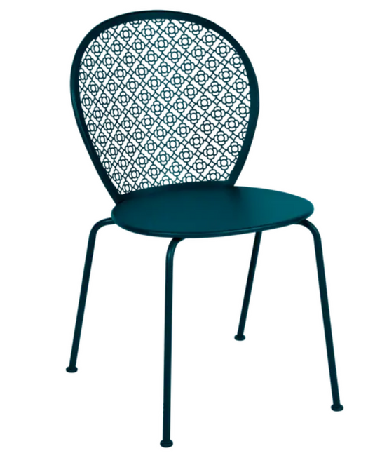 Fermob Lorette Chair in Acapulco Blue, outdoor metal chair with a colorful, modern design for patio or garden use.
