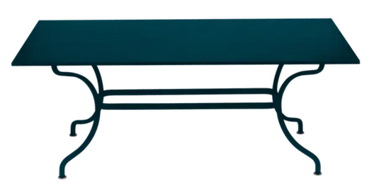 Fermob Romane table in Acapulco Blue, 180x100 cm, perfect for up to 8 guests, outdoor dining table with sleek design.