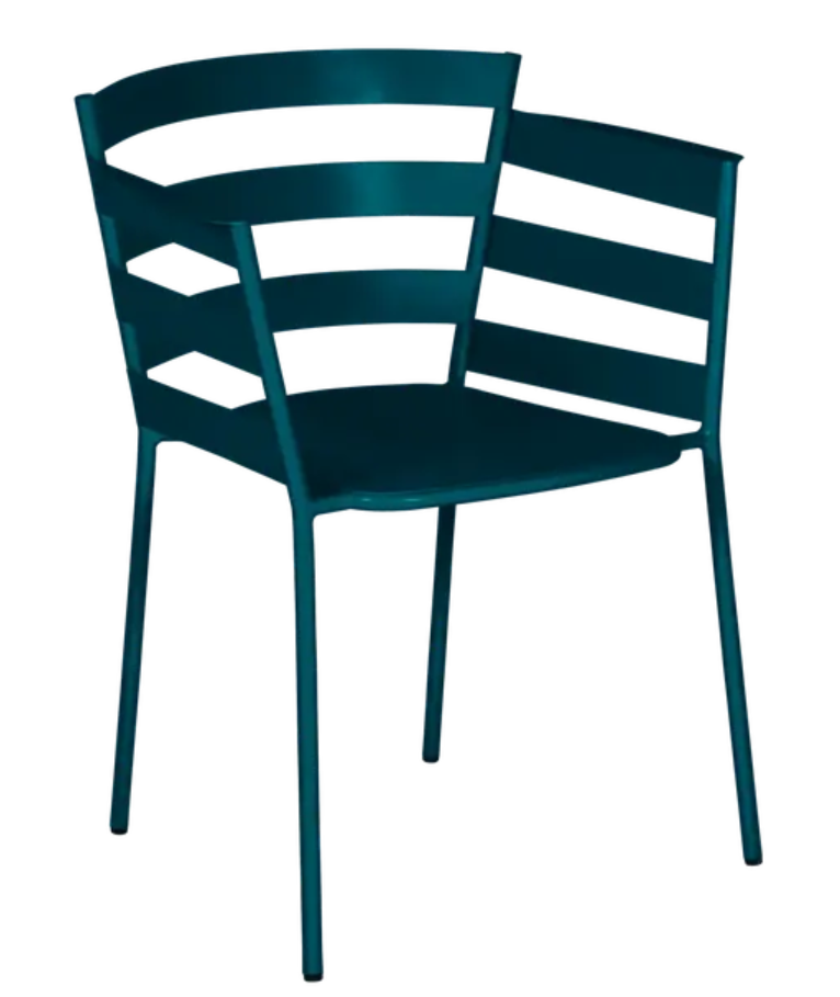 Fermob RYTHMIC outdoor armchair in vibrant blue with a woven seat and curved metal frame, perfect for outdoor relaxation.
