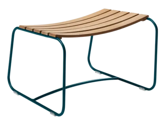 Fermob Surprising Teak Footrest in Acapulco Blue, showcasing a stylish, modern teak footrest for outdoor or indoor use.