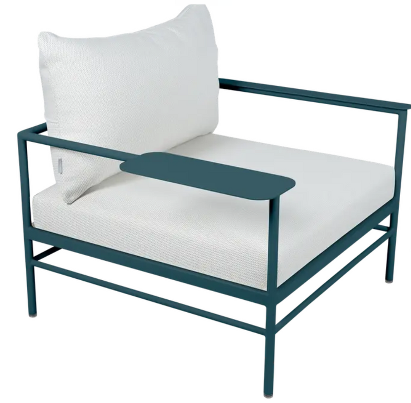 Load image into Gallery viewer, Fermob Rivage low armchair with blue pearl metal frame and outdoor design, suitable for garden seating.
