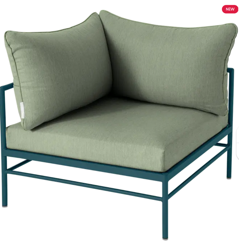 Load image into Gallery viewer, Fermob Rivage corner outdoor armchair with metal frame, featuring a modern design and cactus-inspired fabric pattern.
