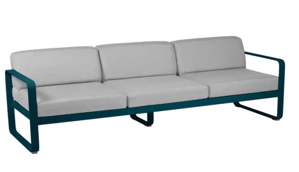 Grey Bellevie 3-seater outdoor sofa by Fermob with metal frame, suitable for patio or garden relaxation.