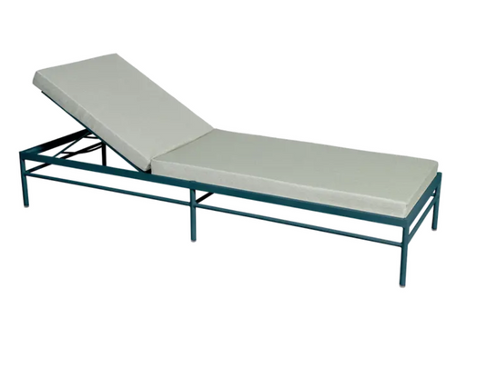 Fermob Rivage luxury metal sunlounger in Acapulco Meadow Green with adjustable backrest for outdoor relaxation