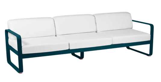 White Bellevie 3-seater outdoor sofa by Fermob with metal frame, stylish outdoor furniture for patio or garden.