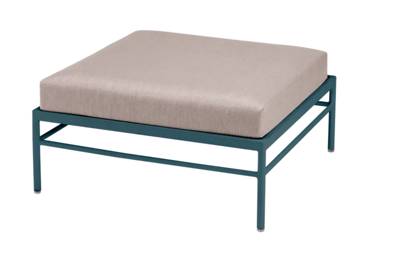 Load image into Gallery viewer, Fermob Rivage outdoor ottoman with metal frame and Papyrus cushion, stylish lounge footstool for patio or garden.
