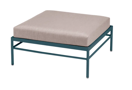 Fermob Rivage outdoor ottoman with metal frame and Papyrus cushion, stylish lounge footstool for patio or garden.