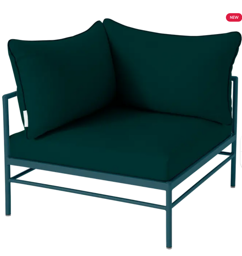 Load image into Gallery viewer, Green Rivage corner armchair from Fermob's outdoor metal corner sofa collection, with a modern design and plush cushions.

