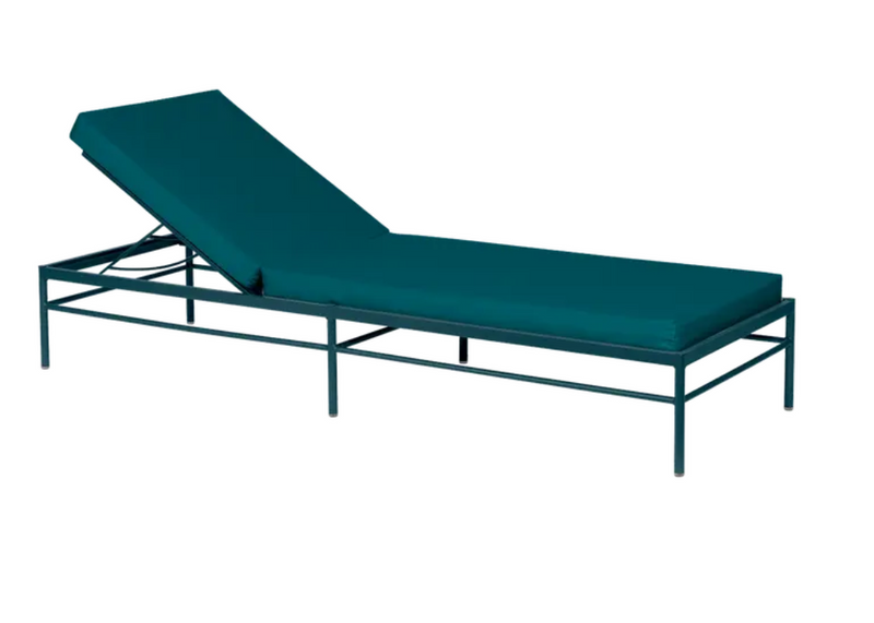 Load image into Gallery viewer, Fermob Rivage luxury metal sunlounger in Acapulco Peacock Green, perfect for outdoor relaxation and stylish garden lounging.
