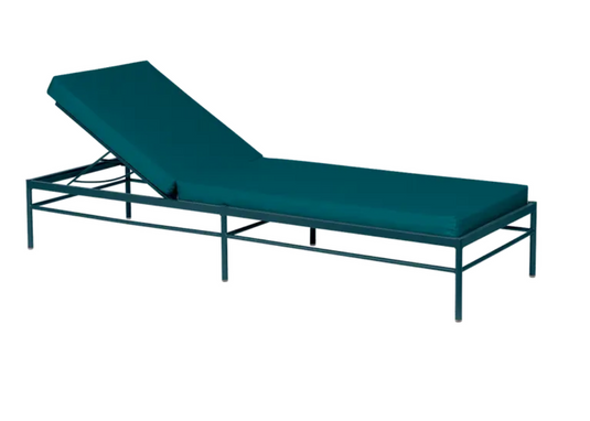 Fermob Rivage luxury metal sunlounger in Acapulco Peacock Green, perfect for outdoor relaxation and stylish garden lounging.