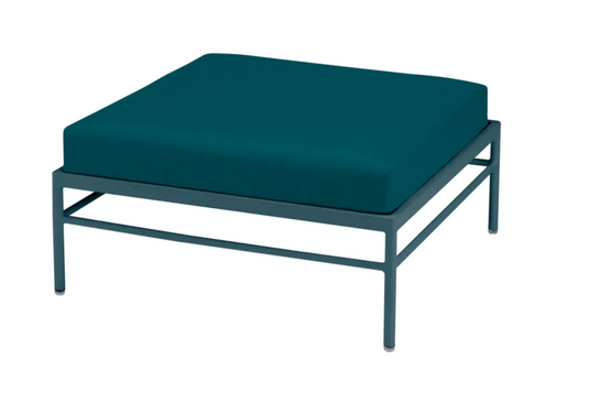 Fermob Rivage outdoor ottoman in Acapulco Peacoc Green with metal frame, designed for outdoor lounge and footrest use.