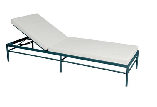 Fermob Rivage luxury metal sunlounger in Acapulco Pearl Blue, featuring a sleek design for outdoor relaxation.