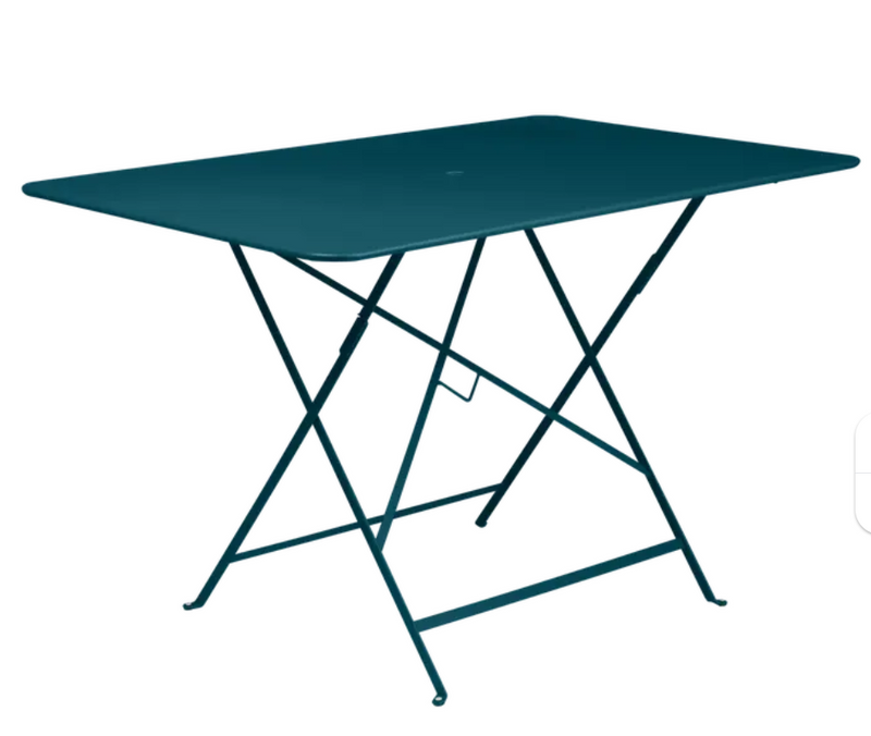 Load image into Gallery viewer, Fermob Acapulco blue foldable bistro table, 117 x 77 cm outdoor metal table, lightweight and compact for outdoor dining.
