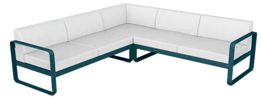 Fermob Bellevie outdoor lounge set with blue and off-white sofa modules, modern modular design for garden or patio seating.