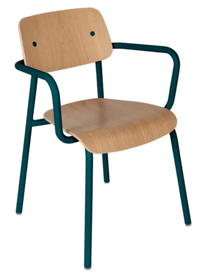 Load image into Gallery viewer, Fermob Studie Oak outdoor armchair in blue with a wooden frame, ideal for patio or outdoor meeting spaces.

