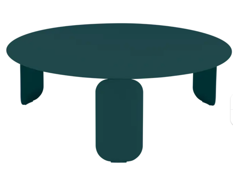 Load image into Gallery viewer, Fermob Bebop Low Table in Acapulco Blue, 80cm round outdoor coffee table with anthracite finish, suitable for outdoor use.
