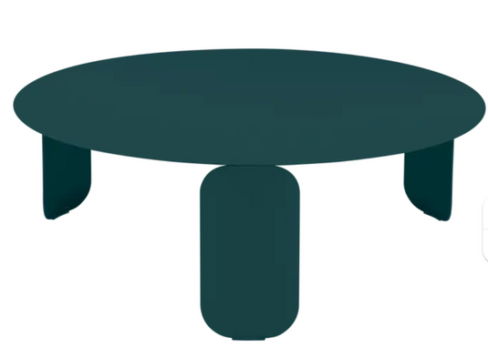 Fermob Bebop Low Table in Acapulco Blue, 80cm round outdoor coffee table with anthracite finish, suitable for outdoor use.