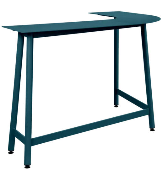 Fermob Bolder Corner Counter bar stool with two-seater Acapulco-style outdoor garden bench in foxed metal finish.