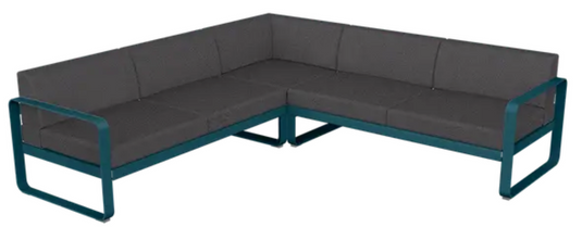 Fermob Bellevie Composition 2 outdoor lounge sofa set with graphite grey cushions and modular design for patio or garden.