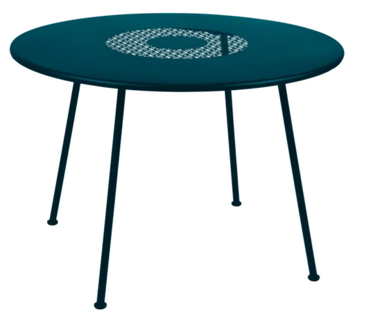 Fermob Lorette round garden table with 110 cm diameter, metal construction, fire-resistant surface, suitable for outdoor patio.