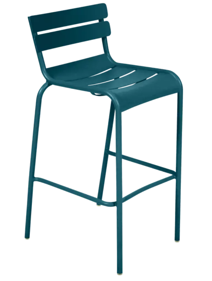 Load image into Gallery viewer, Red Fermob Luxembourg bar armchair with metal frame and armrests, suitable for pub or outdoor seating.
