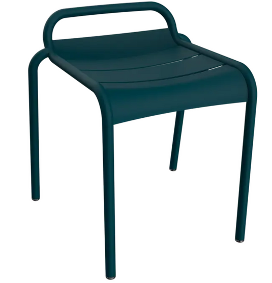 Fermob Luxembourg outdoor stool with colorful woven seat and metal frame, designed for stylish outdoor dining and seating.
