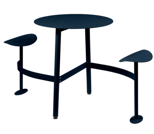 Fermob BOLDER two-seater outdoor modular round table with integrated blue Acapulco-style seating and foxed metal finish.