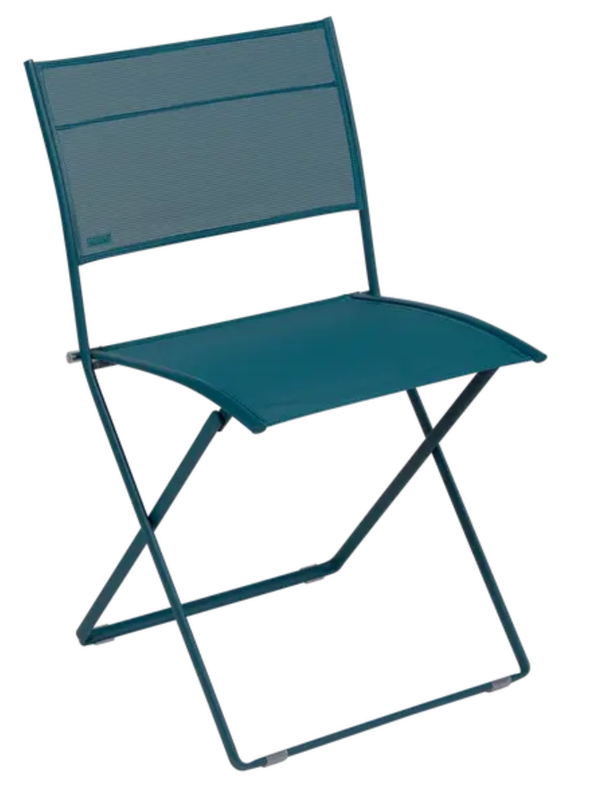 Load image into Gallery viewer, Fermob Plein Air folding chair with a colorful woven seat and metal frame, designed for outdoor patio or garden use.
