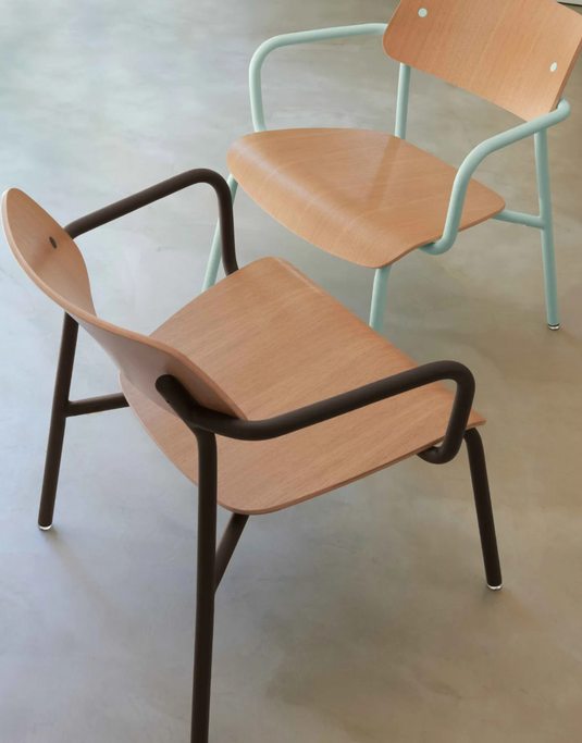 Fermob Studie Oak Lounge Armchair with metal frame, wooden seat and backrest, ideal for modern office or living space.