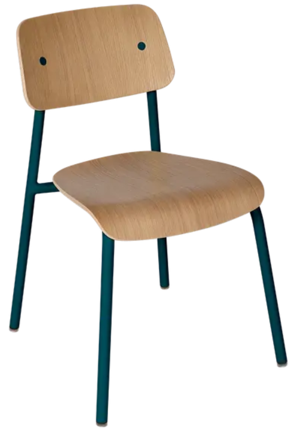 Load image into Gallery viewer, Fermob Studie Oak Chair with curved wooden seat and metal legs, suitable for office, restaurant, or home use.

