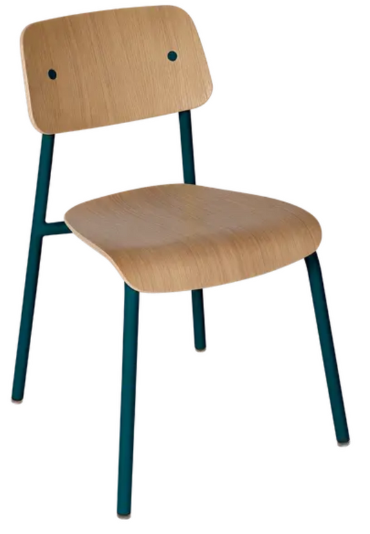 Fermob Studie Oak Chair with curved wooden seat and metal legs, suitable for office, restaurant, or home use.