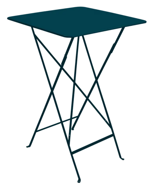 Fermob Bistro high table in Acapulco Teal with foldable design, steel powder-coated surface, suitable for outdoor use.