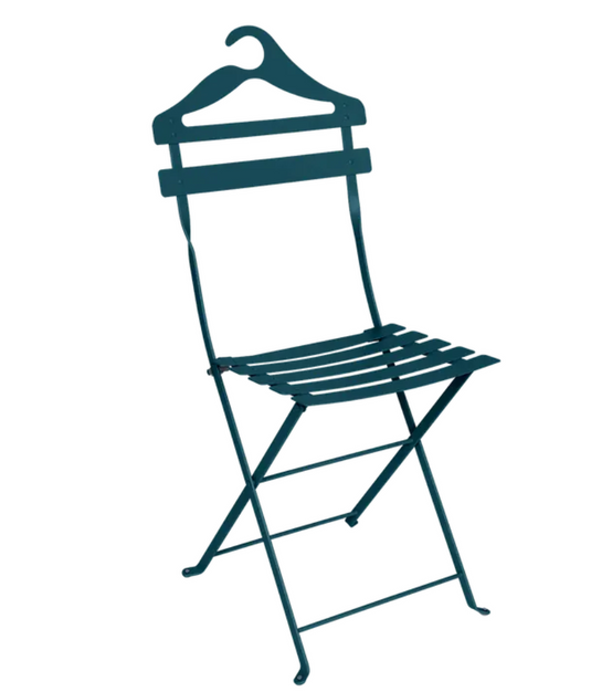 Fermob Bistro Valet Chair, a stylish foldable metal Acapulco-style hanging chair for outdoor or indoor use.