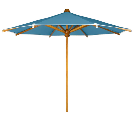 Fermob KOTO Teak Parasol Ireland in Adriatic Blue, 250cm diameter, ideal for terrace or garden outdoor shading.
