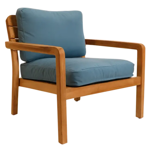 Adriatic Blue Fermob Lodge outdoor teak armchair with low arms, suitable for hotel terrace seating and outdoor use.