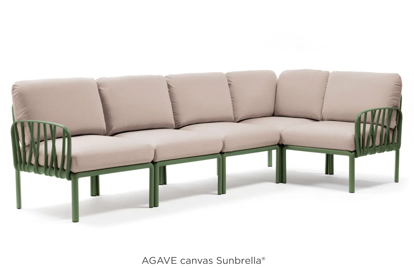 Komodo 5 modular outdoor sofa by Custom Wood Designs with Agave Adriatic canvas, ideal for patio or hotel outdoor seating.