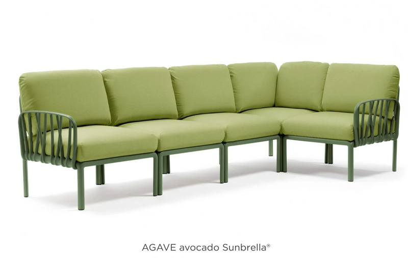 Load image into Gallery viewer, Komodo 5 modular outdoor sofa by Custom Wood Designs, with green and avocado cushions, ideal for patio or hotel outdoor spaces.
