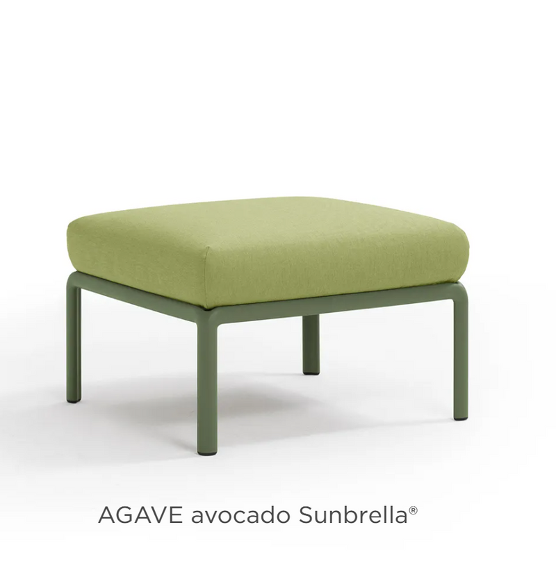 Load image into Gallery viewer, Nardi Komodo outdoor sofa section with green agave and avocado-colored pouf, modular seating for patio or garden.
