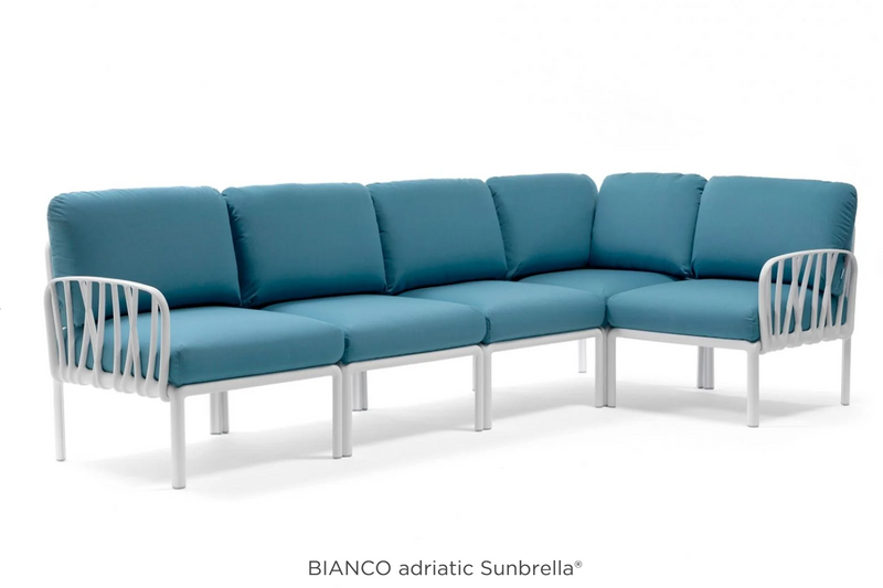 Load image into Gallery viewer, Komodo 5 Modular Outdoor Sofa by Custom Wood Designs featuring white Sunbrella fabric, outdoor patio furniture, customizable and stylish.
