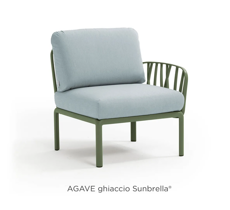 Load image into Gallery viewer, Nardi Komodo Terminal Module outdoor sofa with light blue Sunbrella fabric and agave green cushions, modular design for outdoor lounging.
