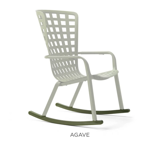 Nardi Folio Rocking Chair Kit with agave-colored components for outdoor patio, shown assembled in a garden setting