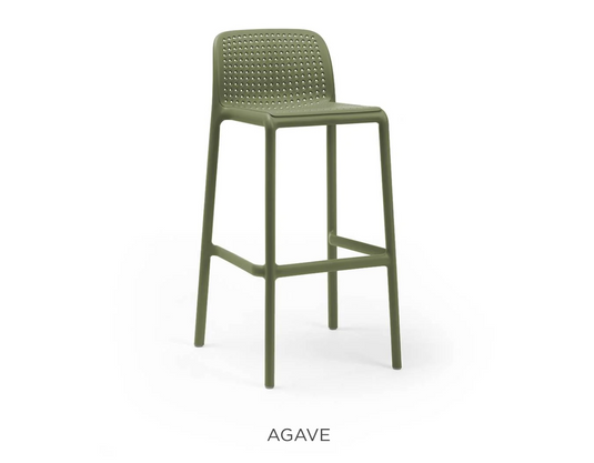 Nardi Lido high stackable outdoor bar stool with agave green finish, designed for outdoor dining and seating.