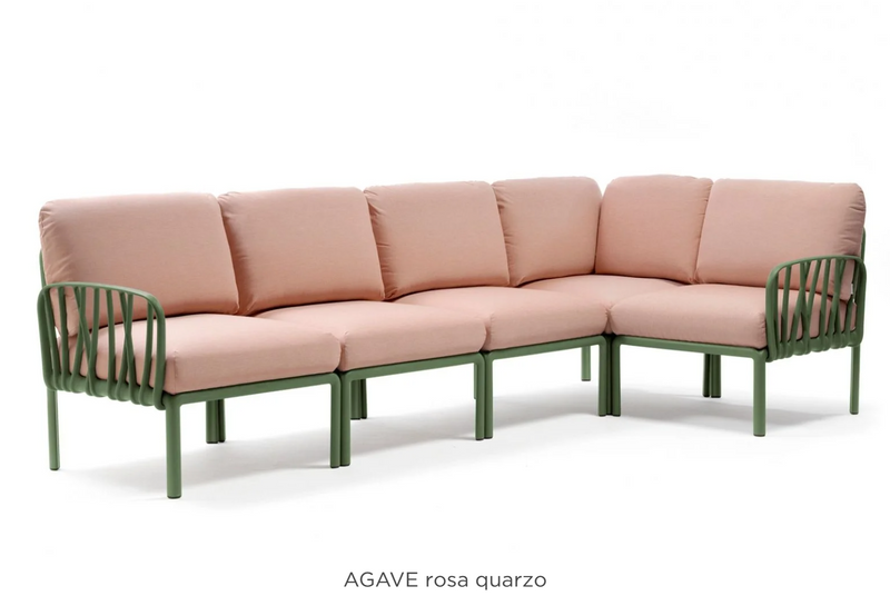 Load image into Gallery viewer, Komodo 5 Modular Outdoor Sofa by Custom Wood Designs with Sunbrella fabric in Agave Rosa Quarzo, ideal for patio or hotel outdoor spaces.
