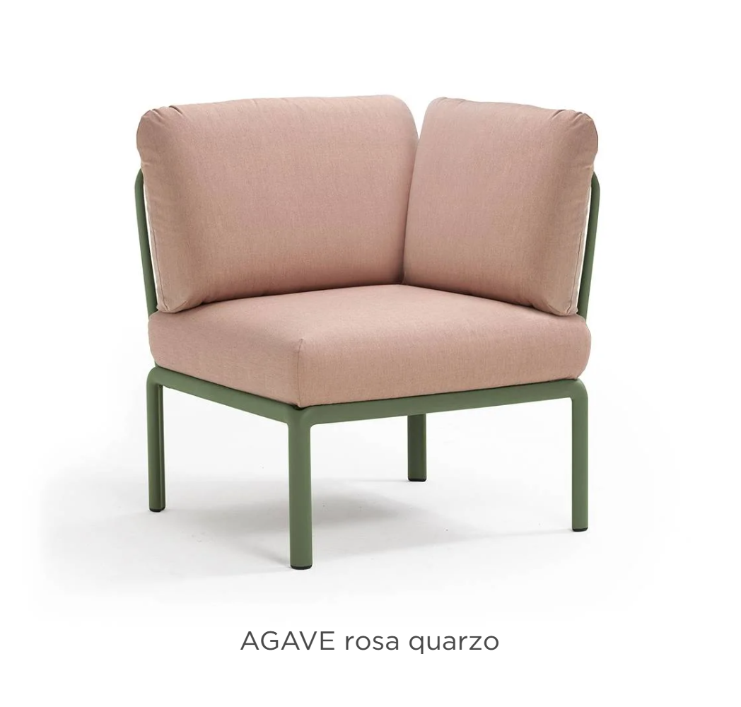 Nardi Komodo Corner Module outdoor sofa with Agave Rosa Quarzo Sunbrella fabric, modular design for outdoor lounging.