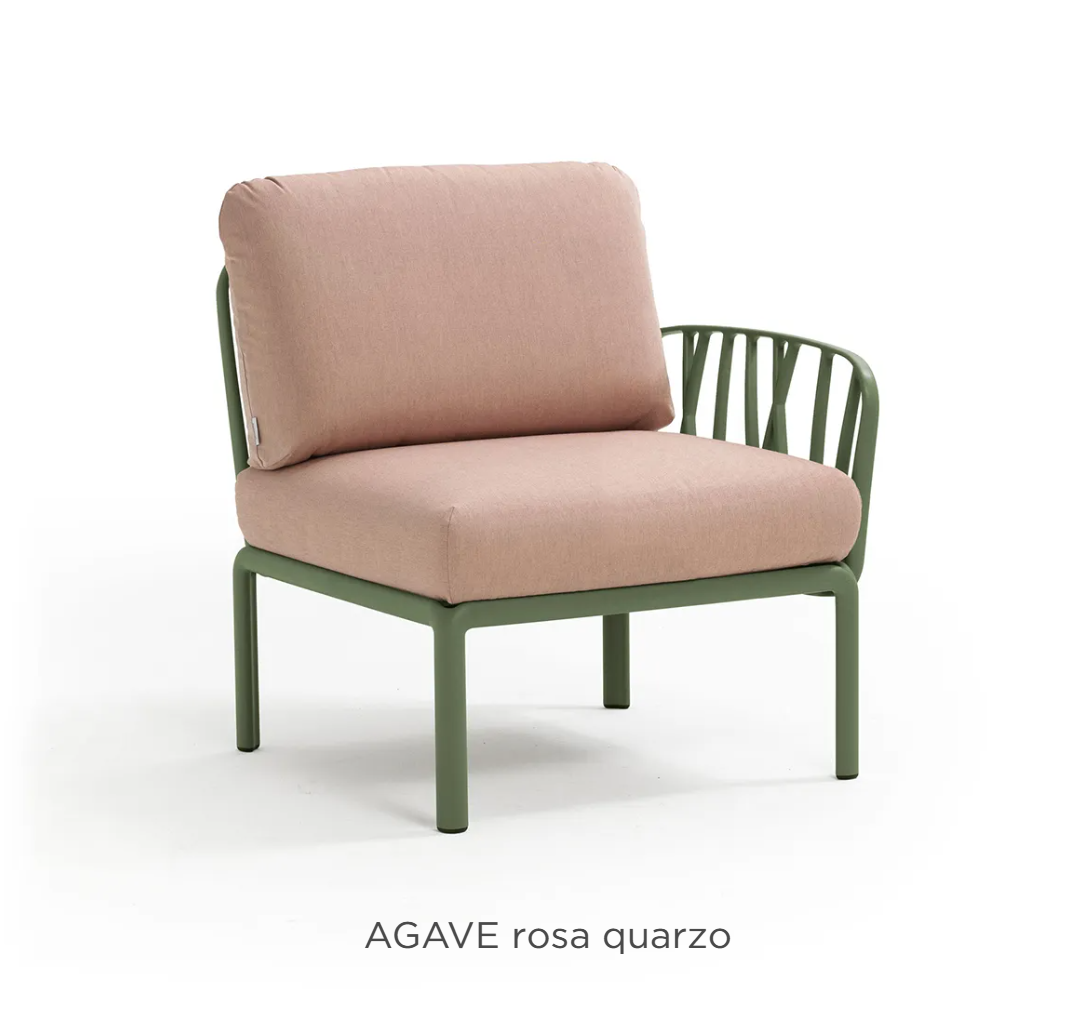 Nardi Komodo Terminal Module outdoor sofa in Agave Rosa Quarzo Sunbrella fabric, featuring a modern, modular outdoor seating design.