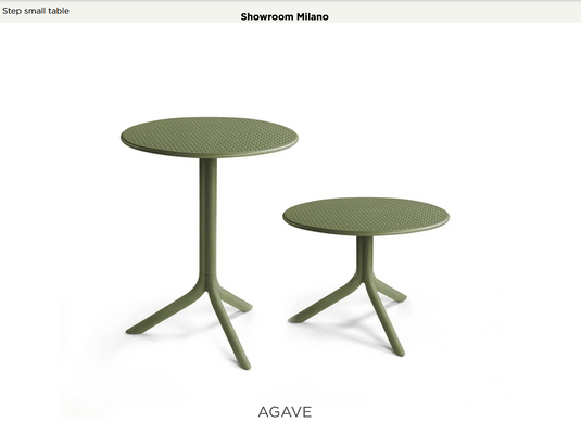 Nardi outdoor step table by Custom Wood Designs, adjustable height patio table with a natural wood finish for garden or dining use.