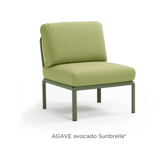 Nardi Komodo Central Sofa Module in Agave Avocado color, outdoor modular patio sofa section with Sunbrella fabric.