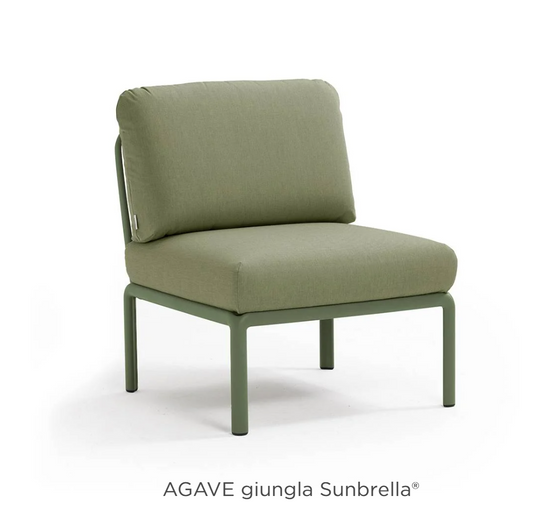 Nardi Komodo Central Sofa Module, outdoor sectional with agave-colored cushions and sunbrella fabric, for patio or hotel outdoor spaces.